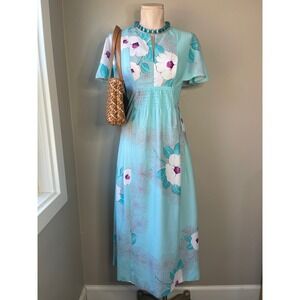 Malihini Hawaii Maxi Dress Blue Floral 1970s Vintage Empire Waist Liberty House